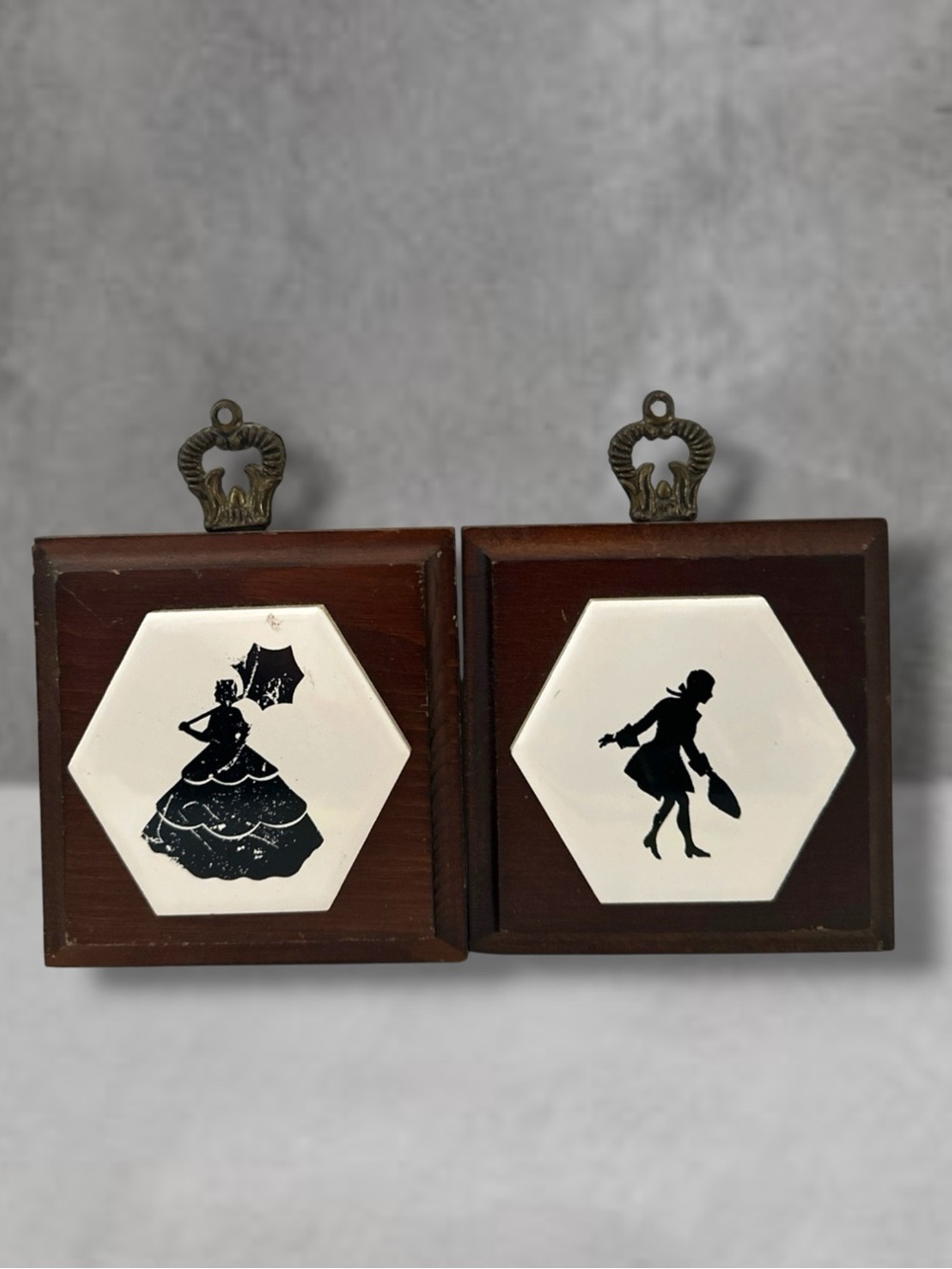 Vintage Victorian Silhouette Wood Framed Wall Art Tile PAIR